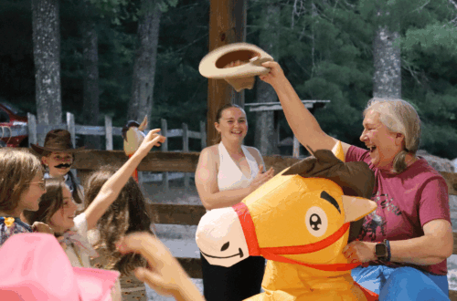 Karen at the Hoedown with her famous inflatable hourse.
